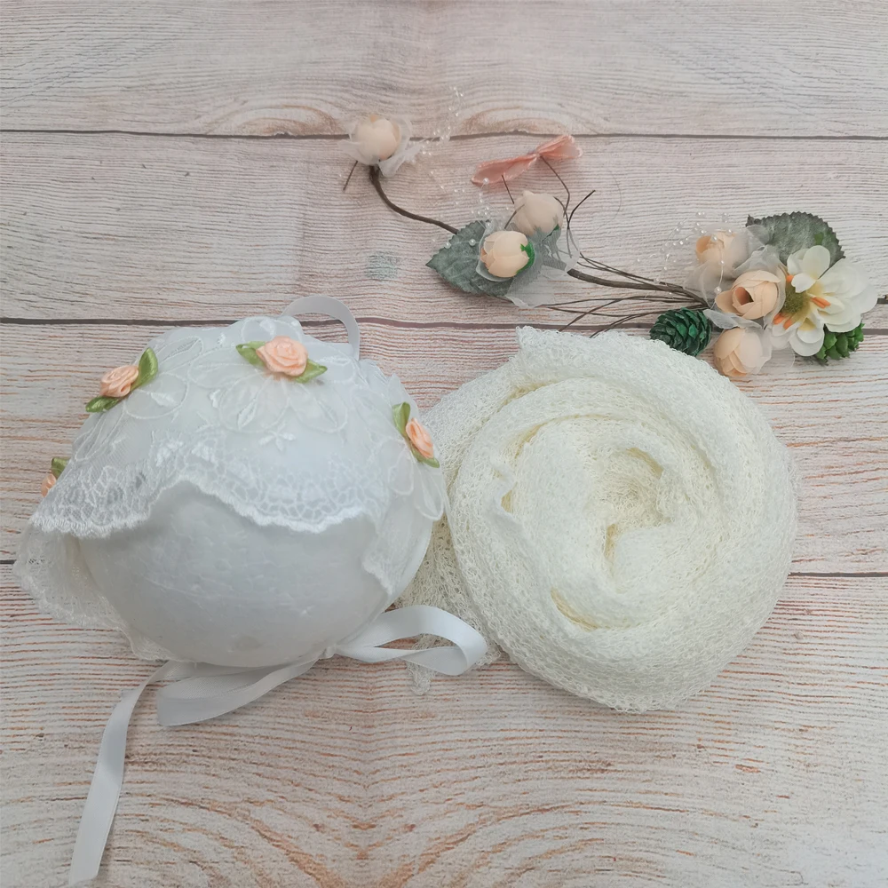 

2PCS/Lot Soft Photo Shoot Accessories 140x30CM Stretchy Knit Wrap with Floral Infant Bonnet for Newborn Baby Photography Props