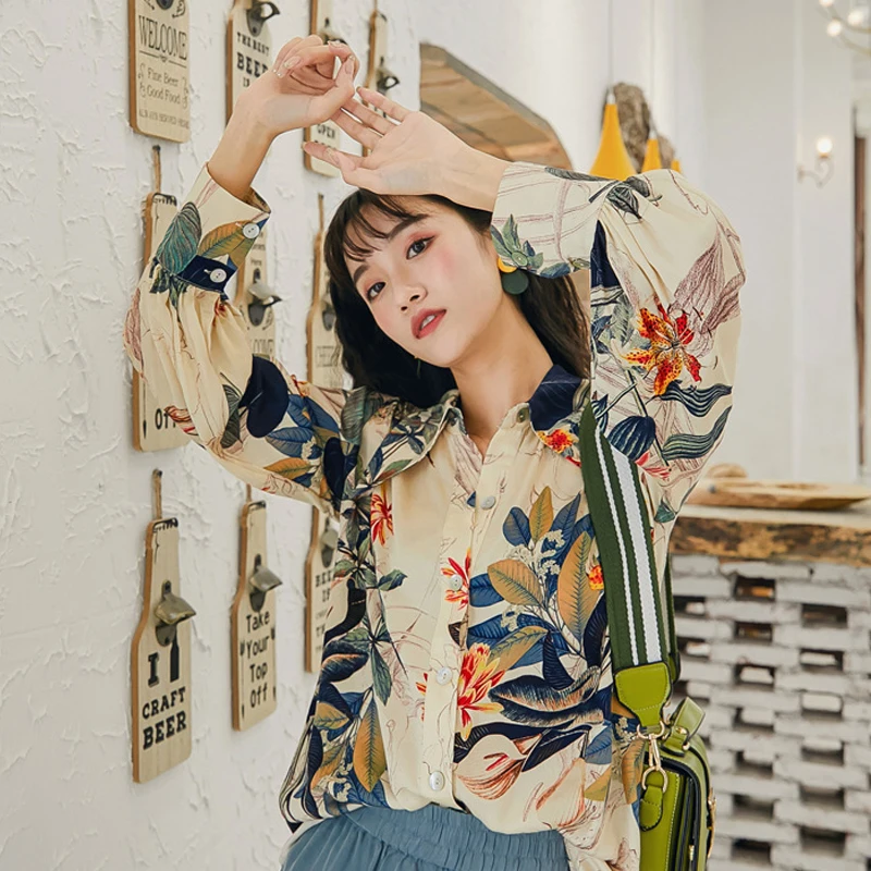 2019 женская шифоновая блуза с длинными рукавами в стиле Харадзюку гавайским