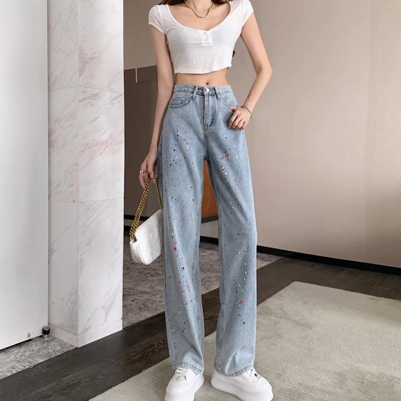 

Ladies 5XL Autumn Oversize Paint Splashed High Waist Wide Leg Pants Classic Ins Tide Design Niche Personality Women Trousers