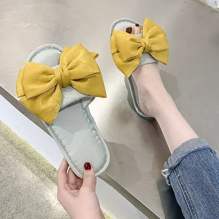 New Home Cute Bowknot Cotton Slippers Ladies Autumn and Winter Comfortable Slippers Furry Slippers Women Fashion Women's Shoes
