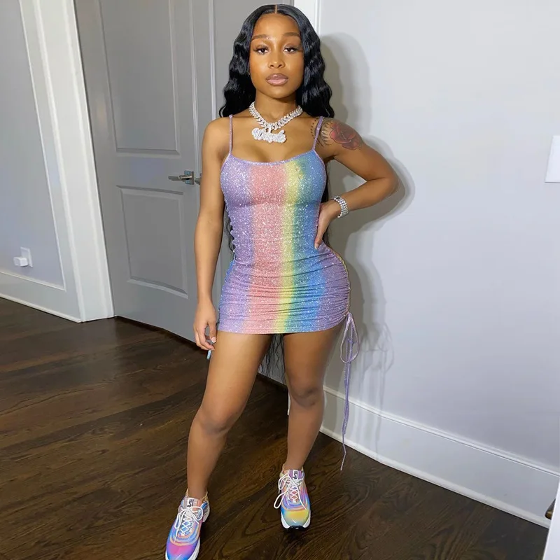 

Shinning Rainbow Bangdage Fashion Mini Dress Sleeveless Spaghetti Strap Women 2020 Summer Outfits Sexy Bodycon Clothes