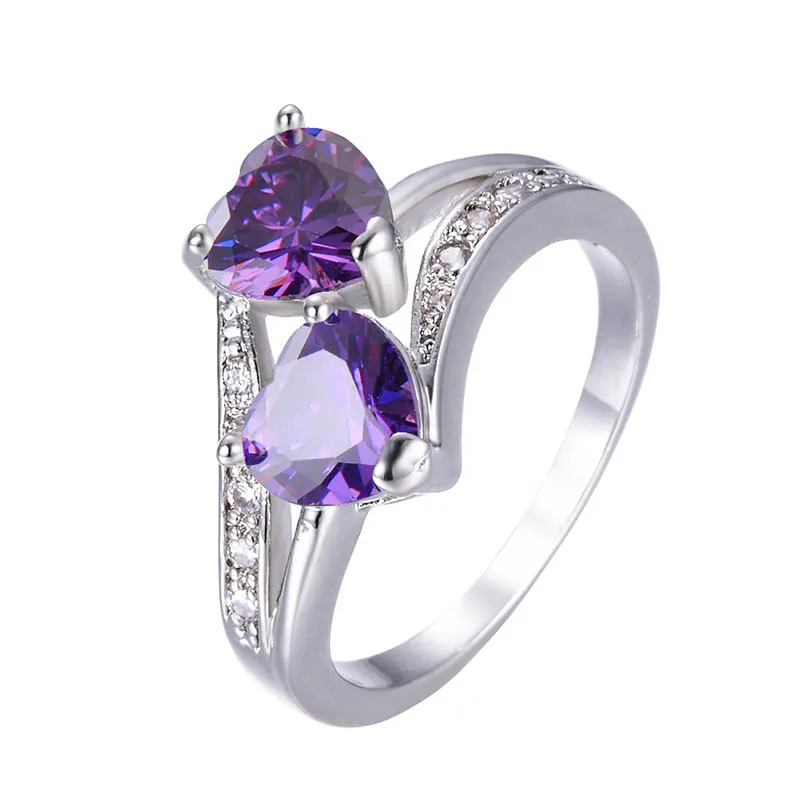 purple Bague Ringen, Новое поступление, серебро 925, ювелирное изделие, кольца для женщин, популярные, кристалл, циркон, Двойное сердце, кольцо для свадьбы, корейский стиль - Цвет камня: purple