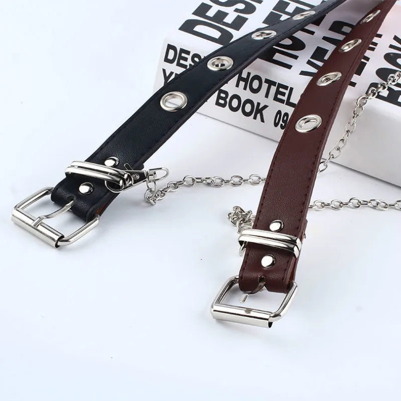 

Fashion Harajuku Women Punk Chain Belt Adjustable Black Double/Single Eyelet Grommet Metal Buckle Leather Waistband For Jeans