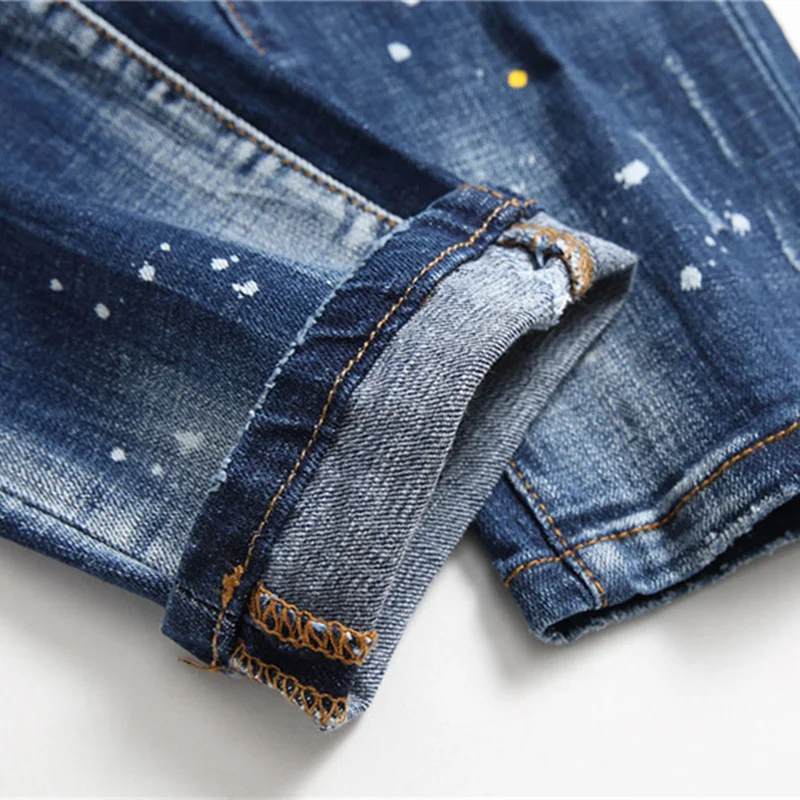 

Autumn Winter New Broken Hole Splashed Paint Slim Jeans Stick Cloth Elastic Blue Beggar Trousers Denim Pants