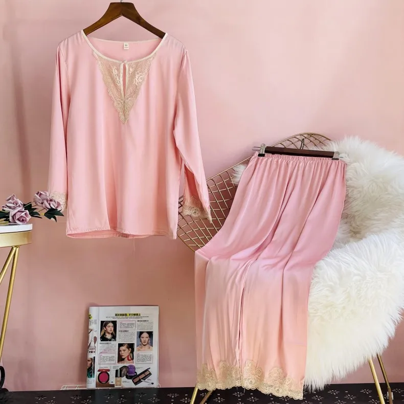 

Saitn O-neck 2PCS Sleepwear Long Sleeve Pajamas Set Sexy Lace Sleep Set Female Shirt&Pants Elastic Waist Pijamas Suit Home Wear