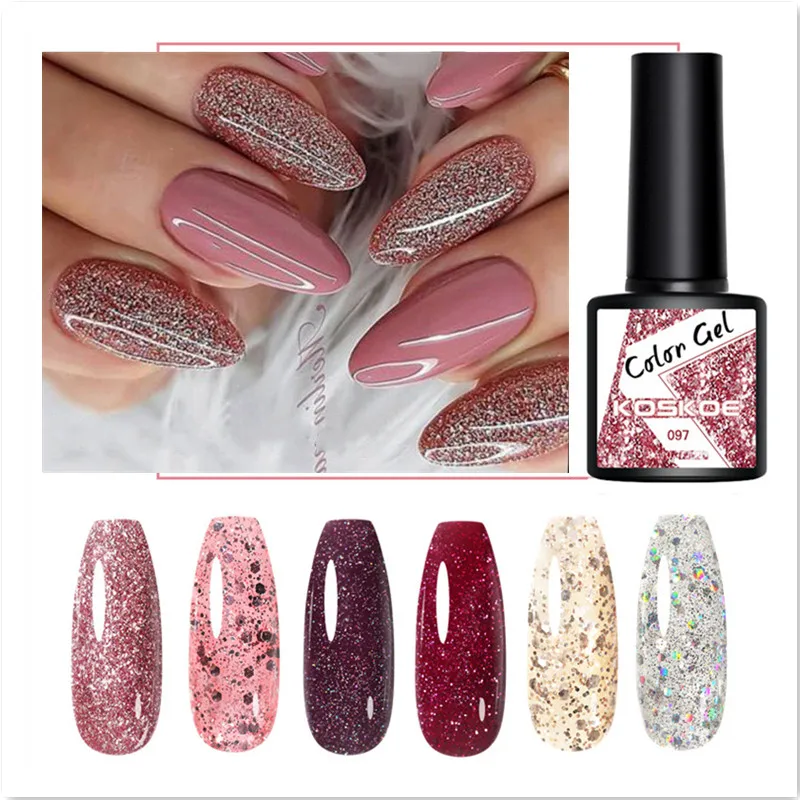 

KOSKOE 8ml Glitter Sequins Nail Gel Polish Semi Permanent Gel Silver Rose Gold Hybrid Varnish Soak Off UV LED Nail Art Design