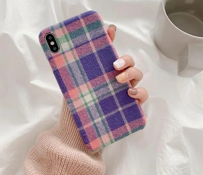 Теплый фланелевый клетчатый чехол для iPhone 11 Pro Max 2019 X XS XR розовый матерчатый