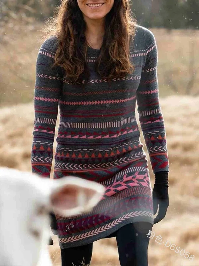 

Женский зимний свитер с круглым вырезом, повседневная облегающая трикотажная рубашка средней длины с длинными рукавами и полосатым принто...