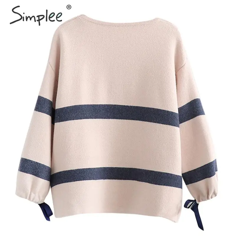 Simplee Leisure striped o-neck women pullover sweater Autumn winter bow tie sleeve female Long ladies jumper 2019 | Женская одежда