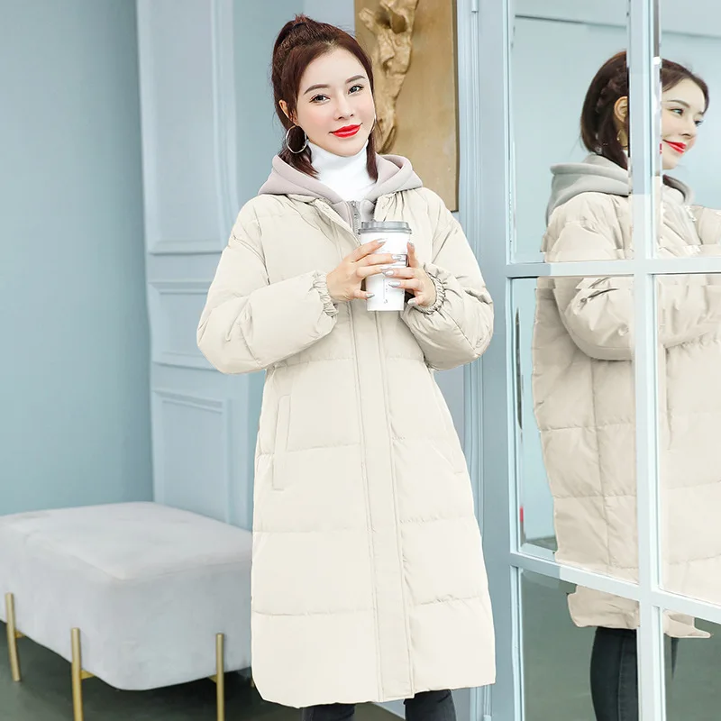 

2021 winter new fashion leisure vacation two piece patchwork hooded medium length warm cotton padded clothes BF student cotton