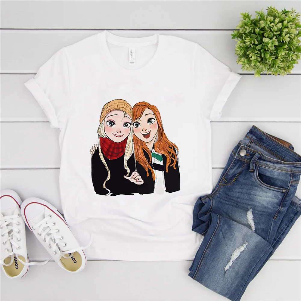 

Summer Women T Shirts Tee Shirt Short Sleeve Casual Loose White O-neck Tee Tops Sister Anna Elsa Cute Cartoon Clothes Oversize