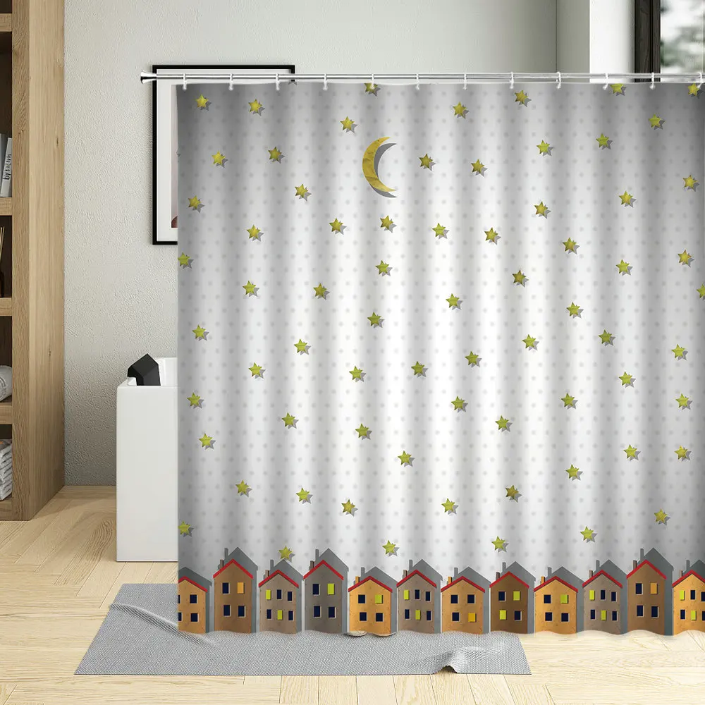 

Cartoons Star Moon Night Houses Printing Shower Curtain Baby Room Decoration Waterproof Polyester Cloth Curtains With 12 Hooks
