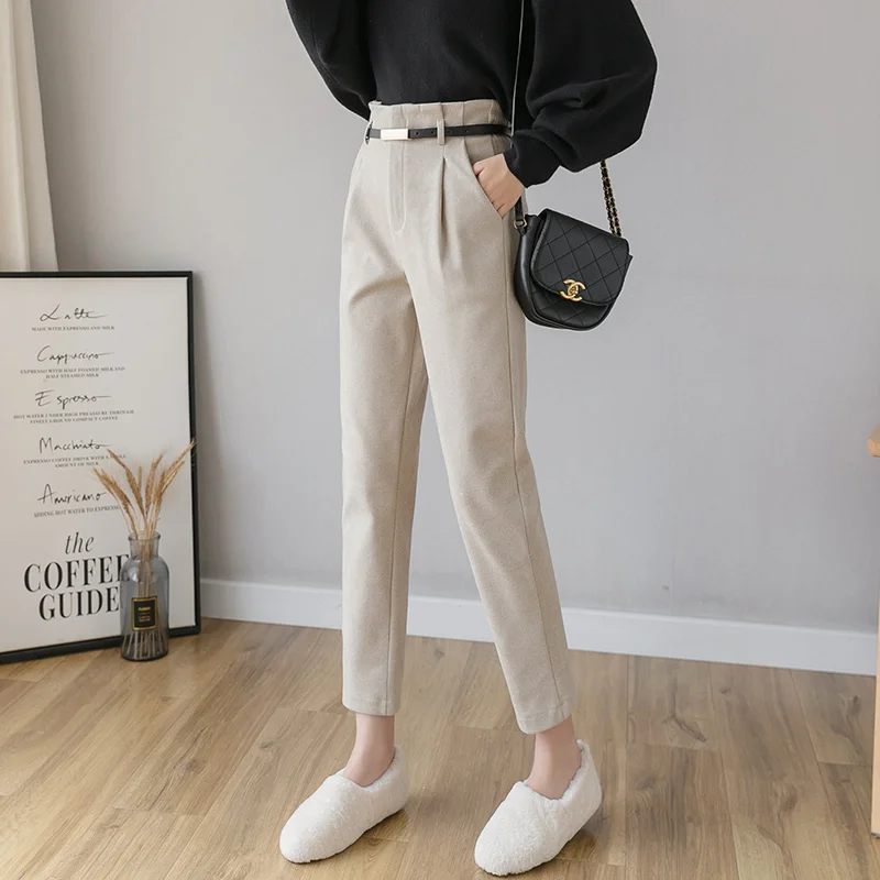 Осень-зима шерстяные штаны женские новинка высокая талия тонкая пояс шаровары