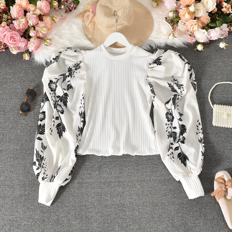 

2020 Spring and Autumn New Design Bubble Shirt Sleeve Stitching Fake Two-Piece Shirt Printing Slimming Slim Shirt Women