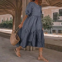 summer dress women casual short sleeve plaid printed sundress loose pleated mid calf dresses party robe
