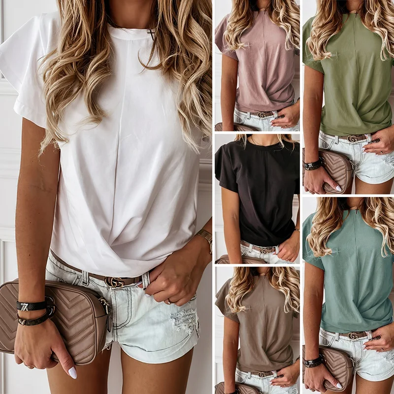 

Женская футболка с короткими рукавами и оборками; Повседневные однотонные Топы