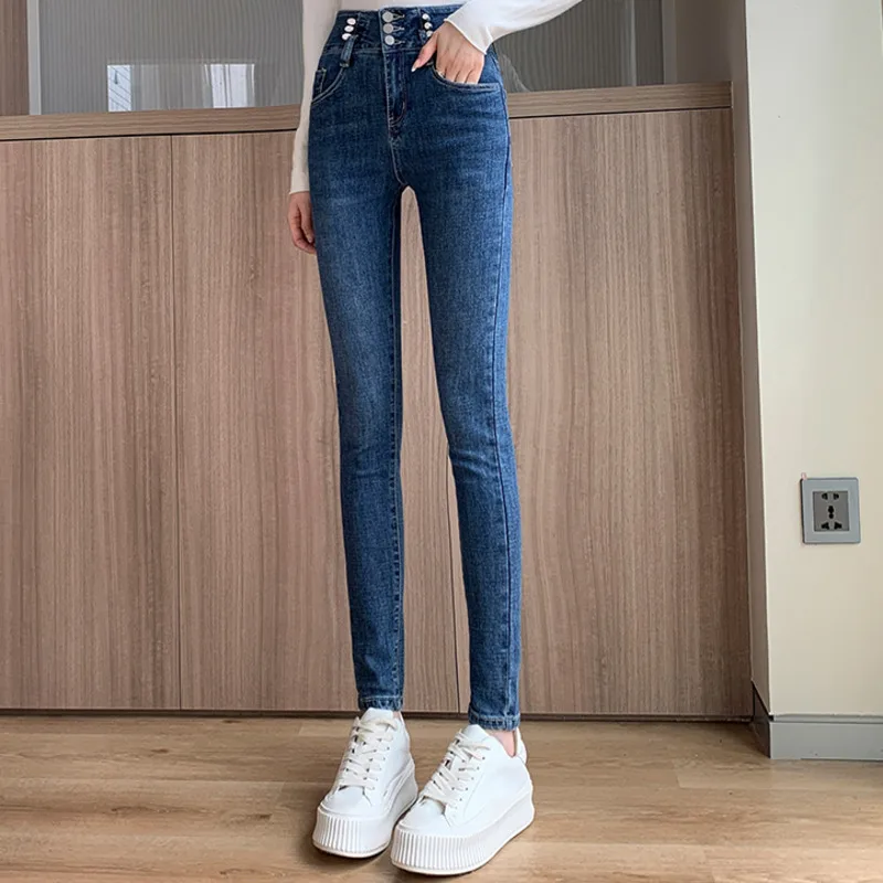 

High Waist Breasted Jeans Women's 2021 Spring and Autumn New Slim Korean Style Slimming High Tight Tappered Pencil Pants