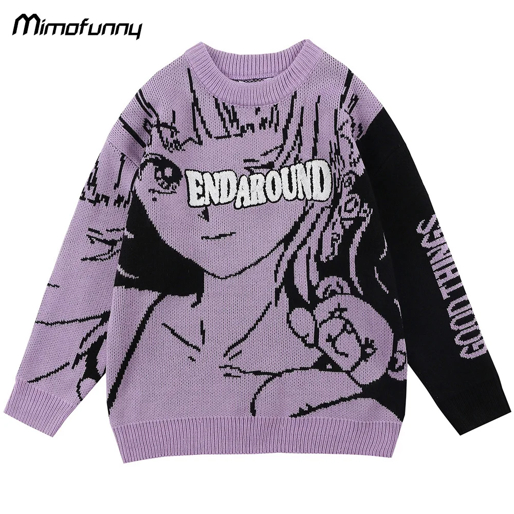 

Sweater Men Furry Letter Patch Comics Girl Bear Knitted Pullover Couple Japanese College Style Harajuku Jumper Winter Streetwear