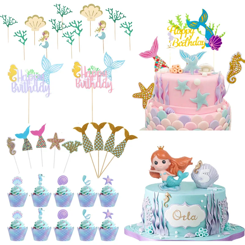 

Ocean World Crown Mermaid Decorations Girl Cake Topper Birthday Dessert Decoration for Children's Day Party Supplies Lovely Gift