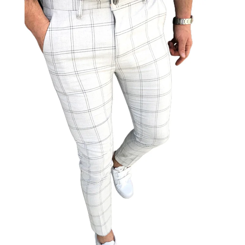 

Men Casual Fashion Plaid Printing Long Pants Gentleman Business Formal Trousers