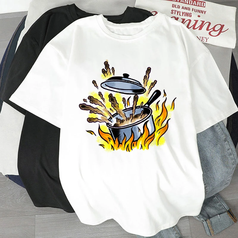 

Picnic Cooking Pattern Cartoon Print Women Tshirt 90'S Girls T Shirt Simple Fashion Round Neck Short Sleeve Tee Shirt Femme