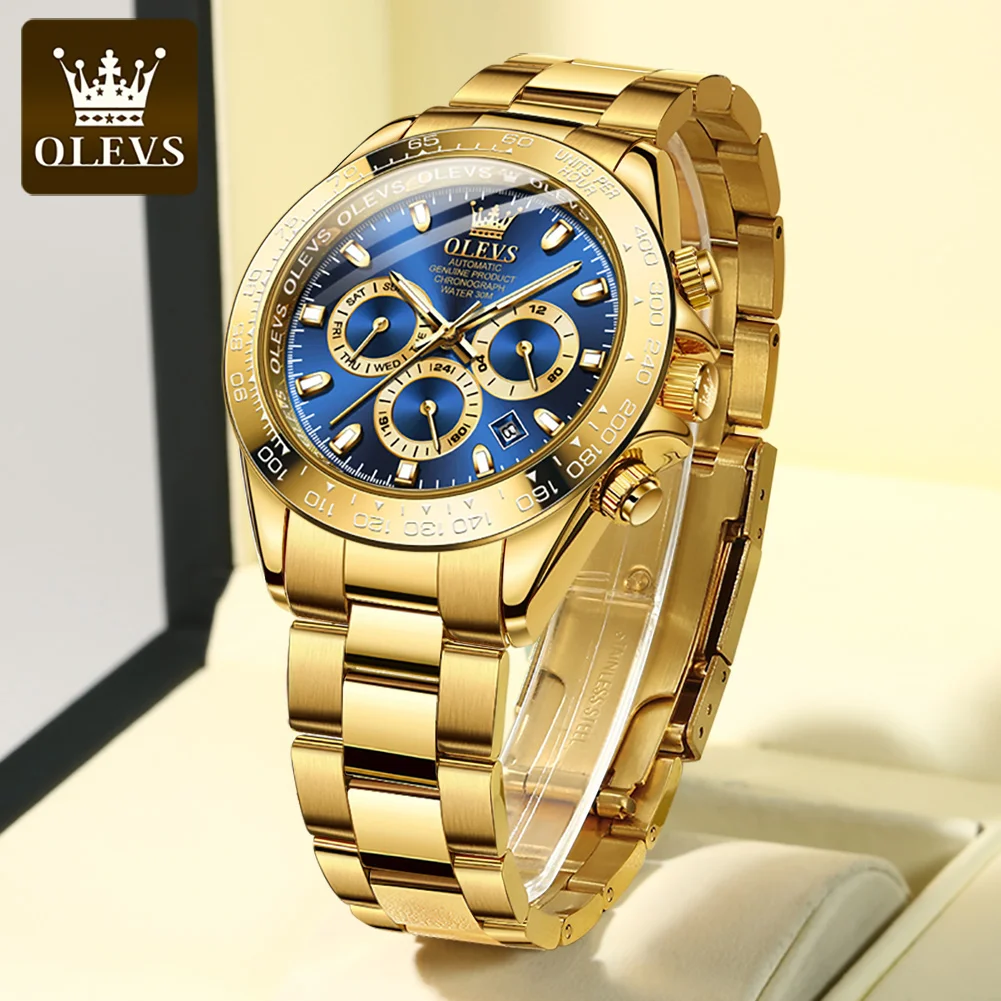 

Мужские наручные часы OLEVS Luxury18K из нержавеющей стали, водонепроницаемые, синего цвета, классический спортивный стиль, автоматические механи...