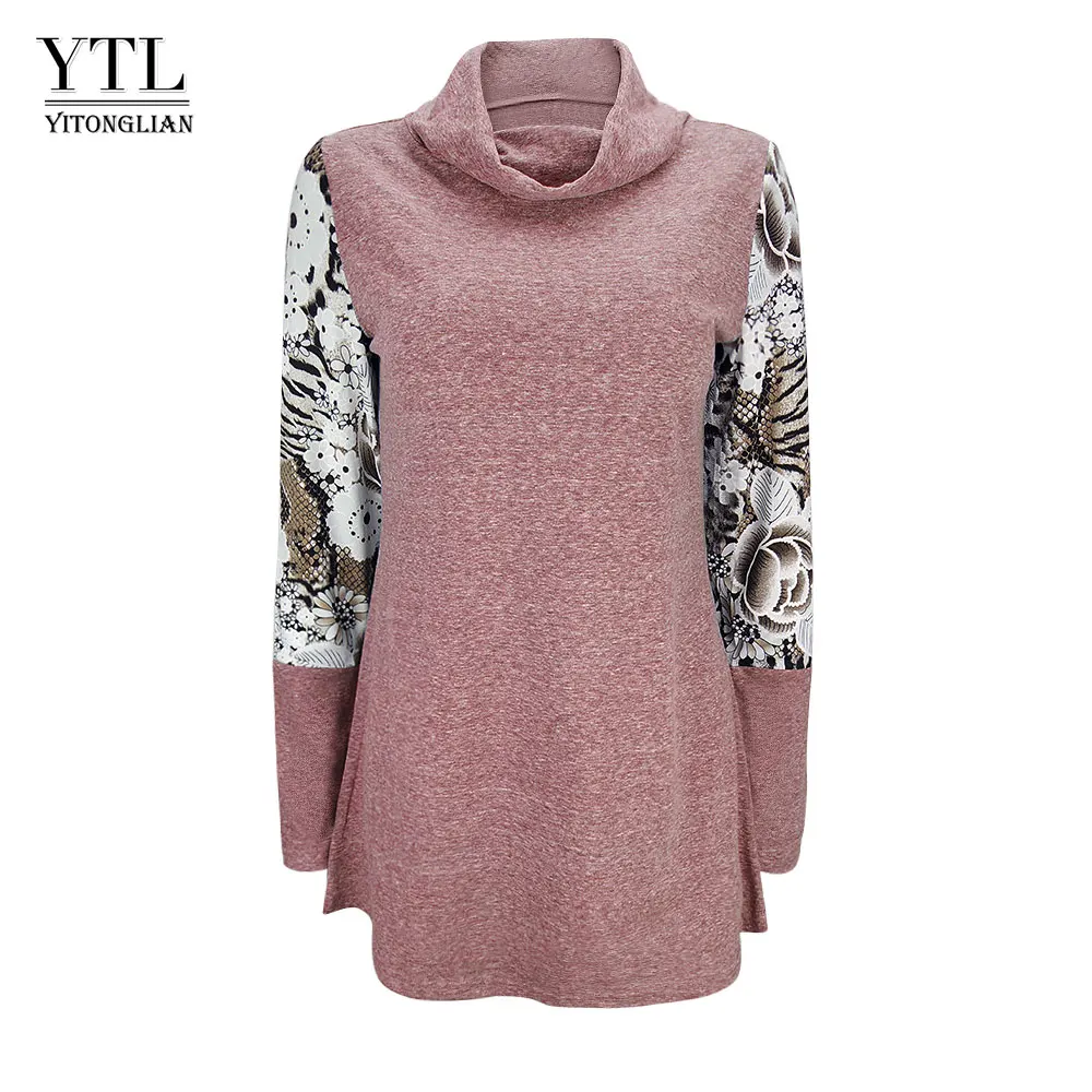 Pink YTL Женские топы с длинным рукавом, водолазки, пуловер для девушек, для осени и зимы, с принтом, пэчворк, свободная многослойная туника, топ, футболка, H258 - Цвет: Pink