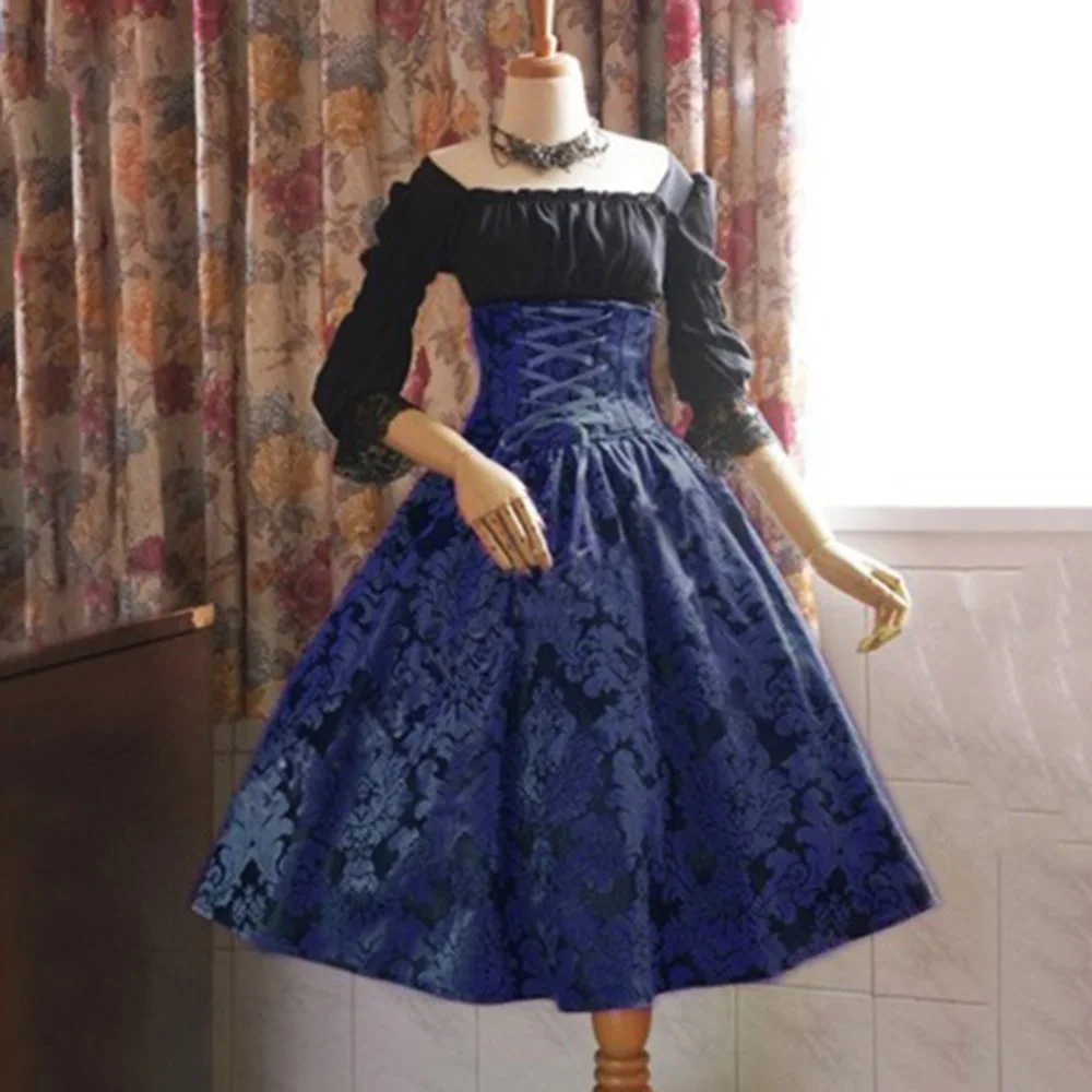 

S-5XL Medieval Vintage Lolita Style Gothic Dress Women Plus Size A Line Lace Up Bandage Midi Dresses Big Swing Retro Robe Black