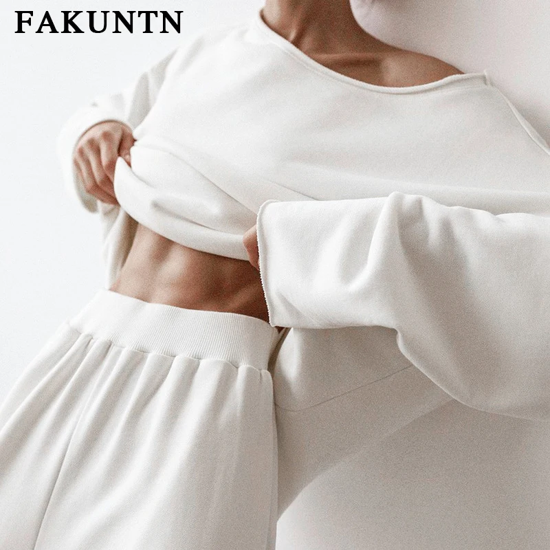 저렴한 FAKUNTN 여성 세트 섹시한 정장 여성 의류 2021 가을 겨울 새로운 라운지웨어 O 넥 스웨터와 바지 투피스 세트 복장