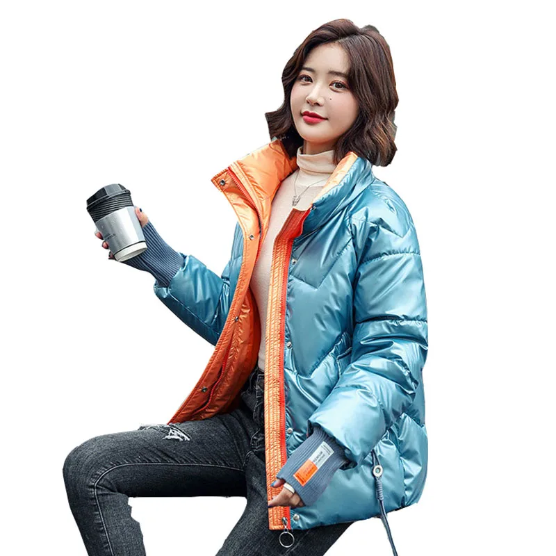 

Women Parkas 2021New Winter Fashion Womens Cotton Jackets Loose Warm Stand Collar Glossy Letter Women Down Cotton Coat NBH189