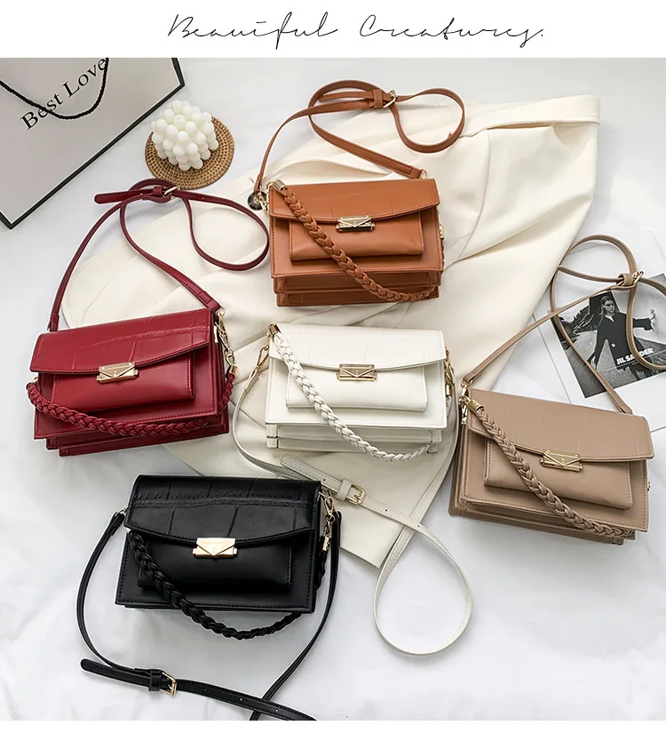 

Women's Bag 2021 Crossbody Portable Small Square Bag PU Woven Chain Clamshell Bag