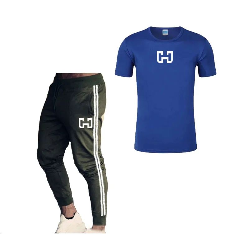 

2 Piece Set Sports Men's Running T-Shirt+Jogging Pants Sportswear Printed Fitness Stripe Sweatpants Compression Sweatshirt Men