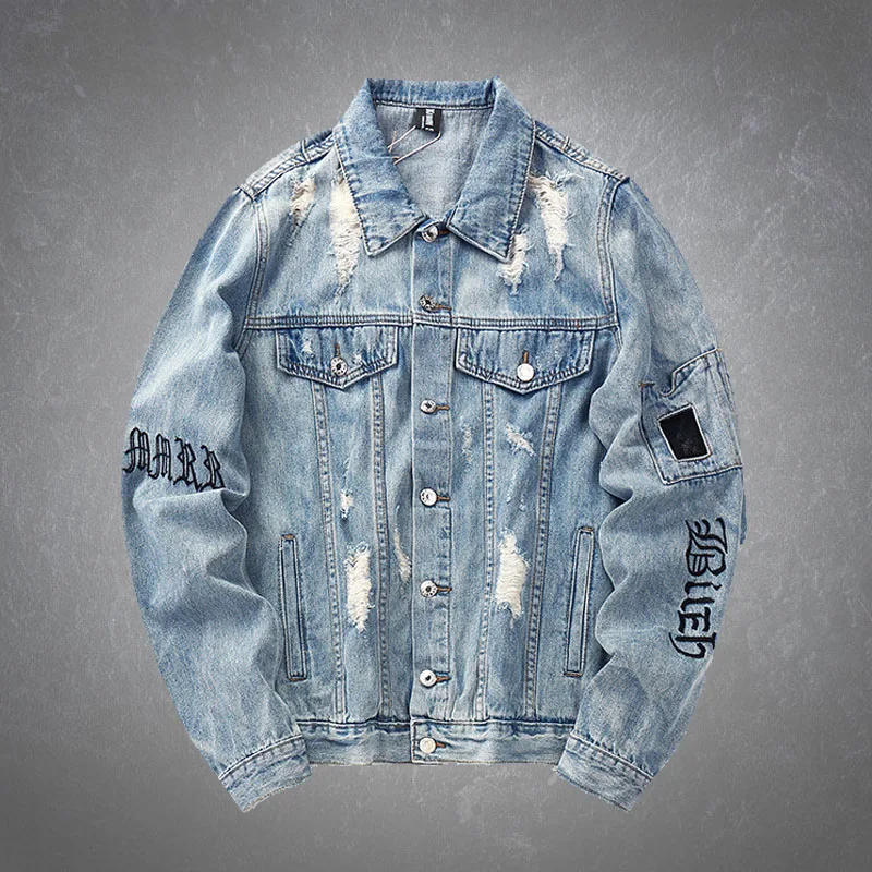 

Vintage Denim Bomber Jackets Mens Distressed Ripped Holes Gothic Letter Embroidery Jean Jacket Unisex Streetwear Hip Hop 2021