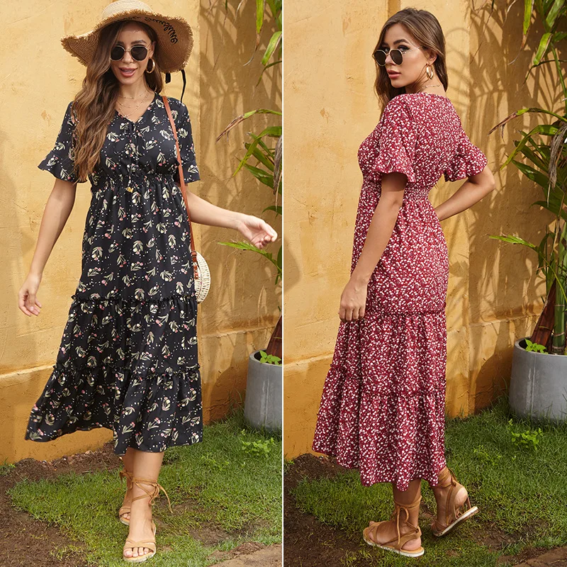 

Donsignet Fashion Women's Dress New Casual Hot Sale V-neck Pullover Floral Print High-waist Ruffled Flared Short-sleeved Dress