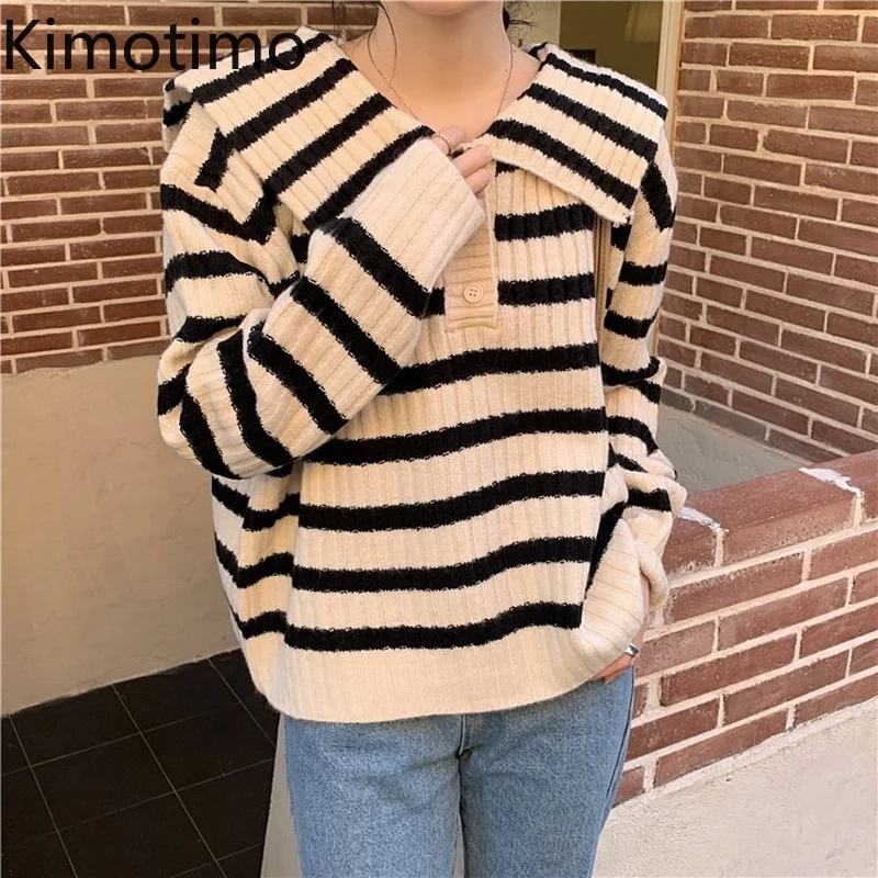

Винтажный полосатый вязаный пуловер Kimotimo с воротником Питера Пэна, Женская Осенняя Свободная верхняя одежда, свитер в японском стиле, милые...