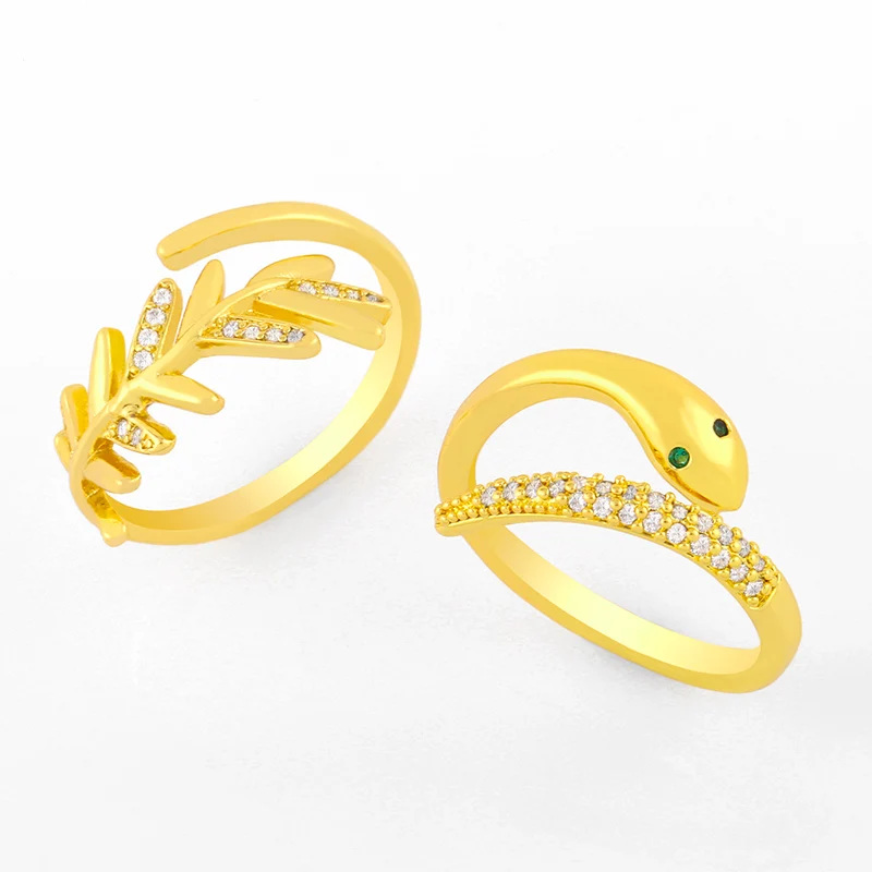 FLOLA Gold Vermeil кольца в виде змейки для женщин фианиты укладки листья ветки