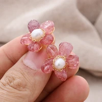 original handmade 14k gold filled natural freshwater pearl strawberry quartz sweet rose flower ladies stud earrings jewelry gift