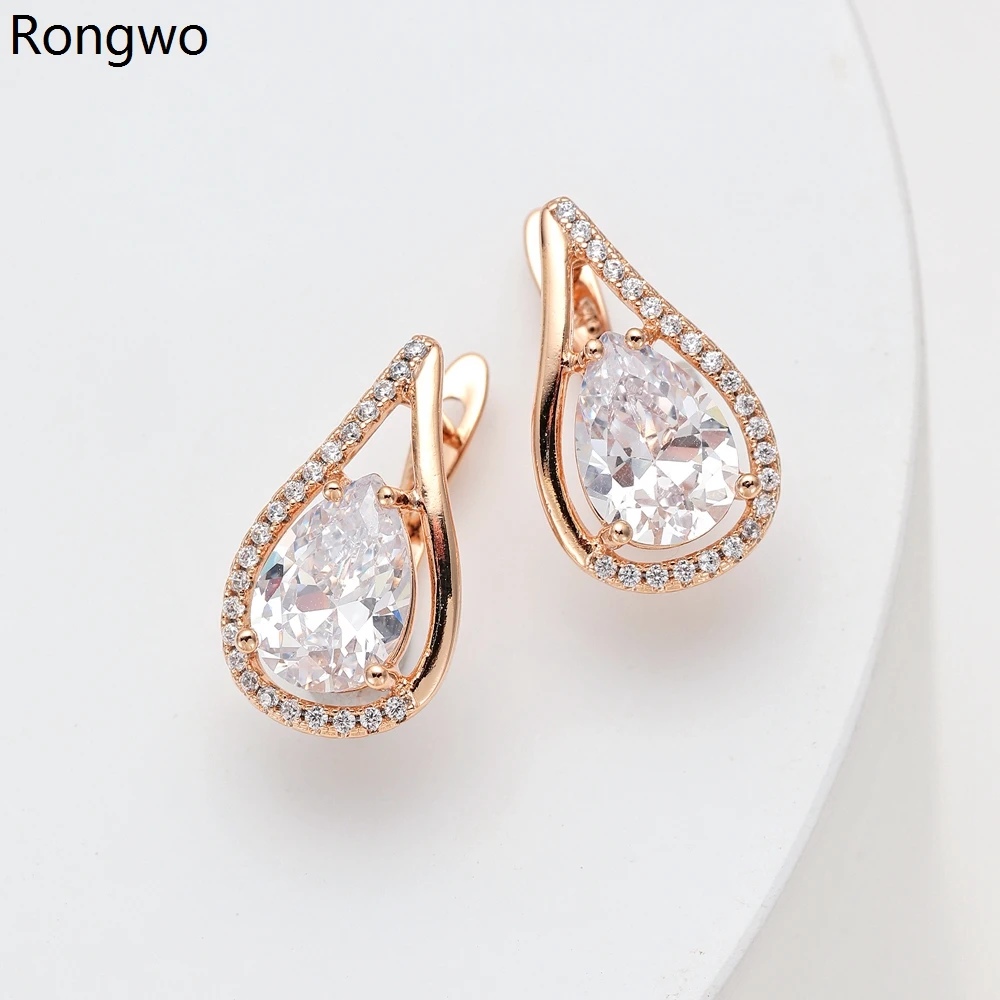 

Rongwo Gold Color Luxury Copper Stud Earrings Drop-shaped Large Rhinestones Zircon Ear Rings Jewelry Accessories for Women Girl