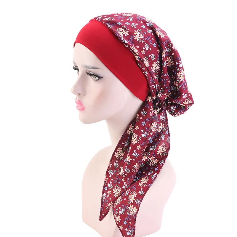 

Womens Muslim Hijab Cancer Chemo Flower Print Hat Turban Cap Cover Hair Loss Head Scarf Wrap Pre-Tied Headwear Strech Bandana