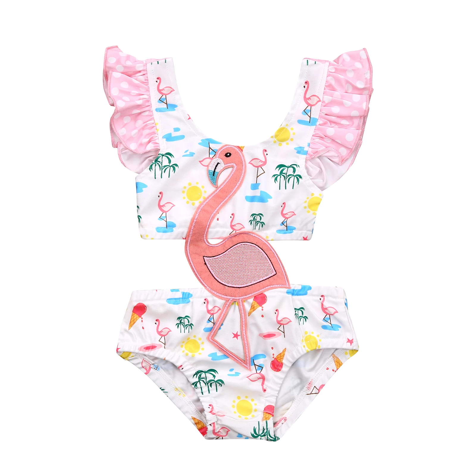 

Summer Baby Girls Bikini Sweet Flamingo Print Swimwear Hollow Ruffles Suspender Swimsuit Fashion Clothes