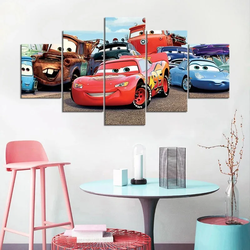 

5 Stuk Cars Cartoon Schilderen Canvas Hd Movie Poster Flo Lightning Mcqueen Mater Sally Muur Art Foto Voor Kinderen Room Decor