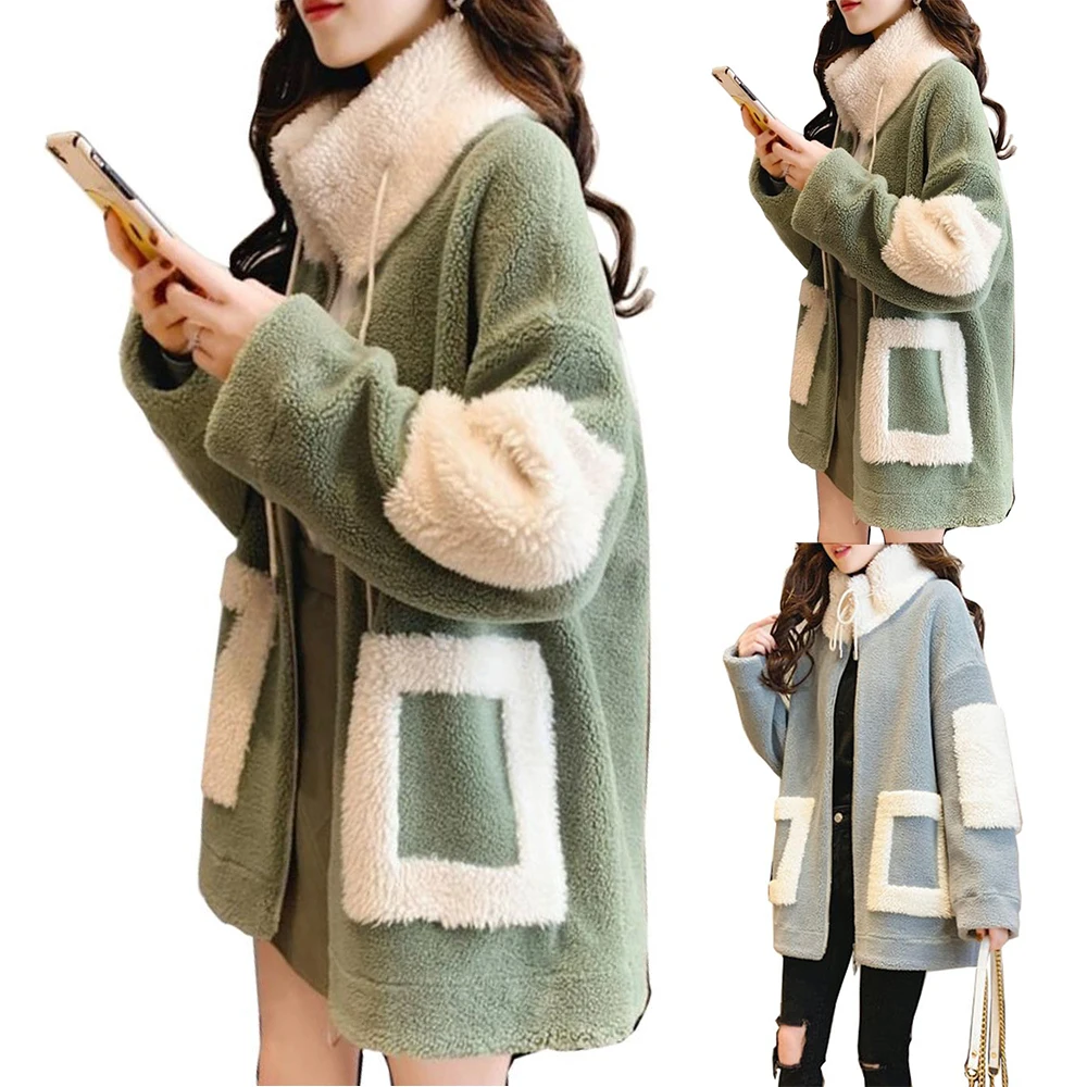 

Stand Collar Jacket Thicken Lady Teddy Bear Plush Winter Faux Leather Warm Zip Coat Pockets Parka Jacket Outerwear Fall Coats