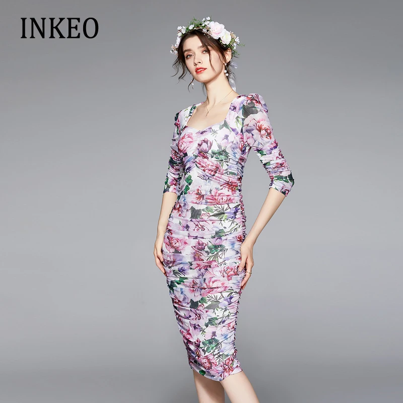 

Sexy Folds Midi dress bodycon women Summer Fashion Mesh floral print Female Sheath Dresse Slim Ruched Party Vestidos INKEO 2D002