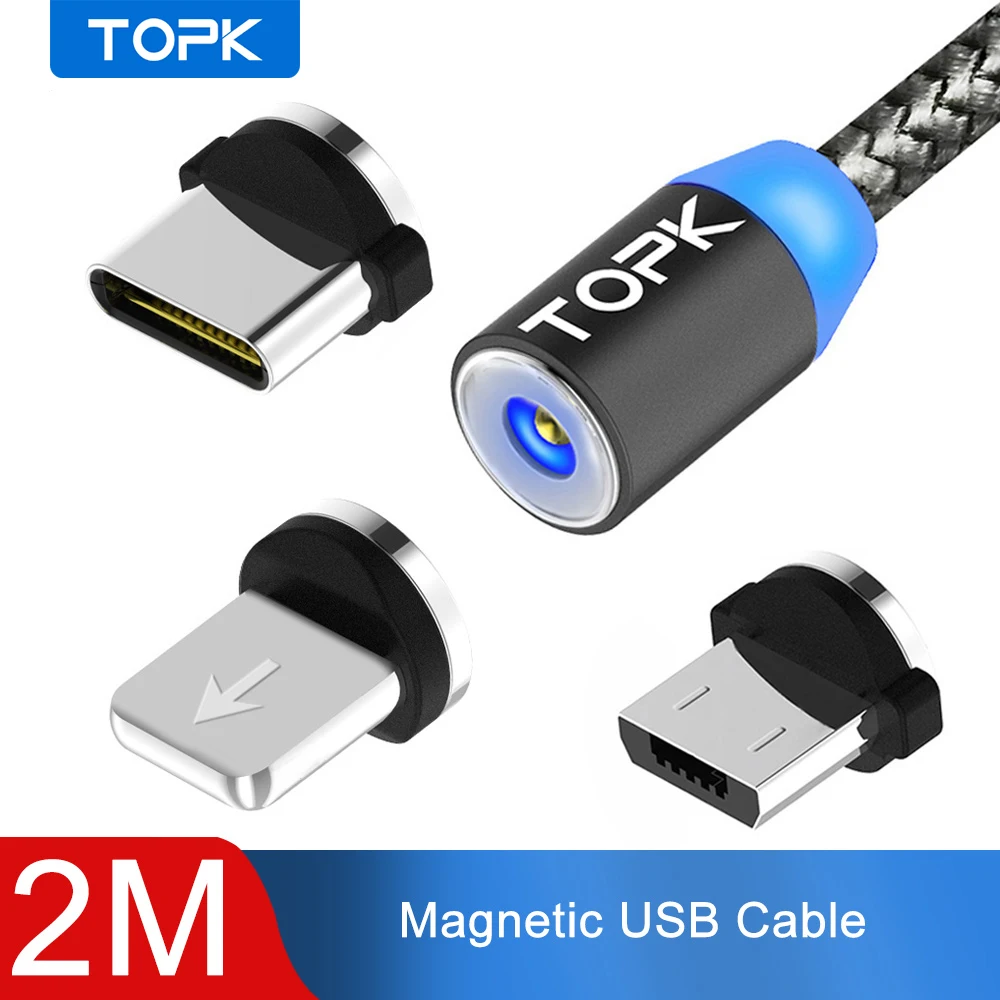 Магнитный кабель Topk USB Lightning/Type C/Micro нейлоновый 2м в ассортименте|Кабели для