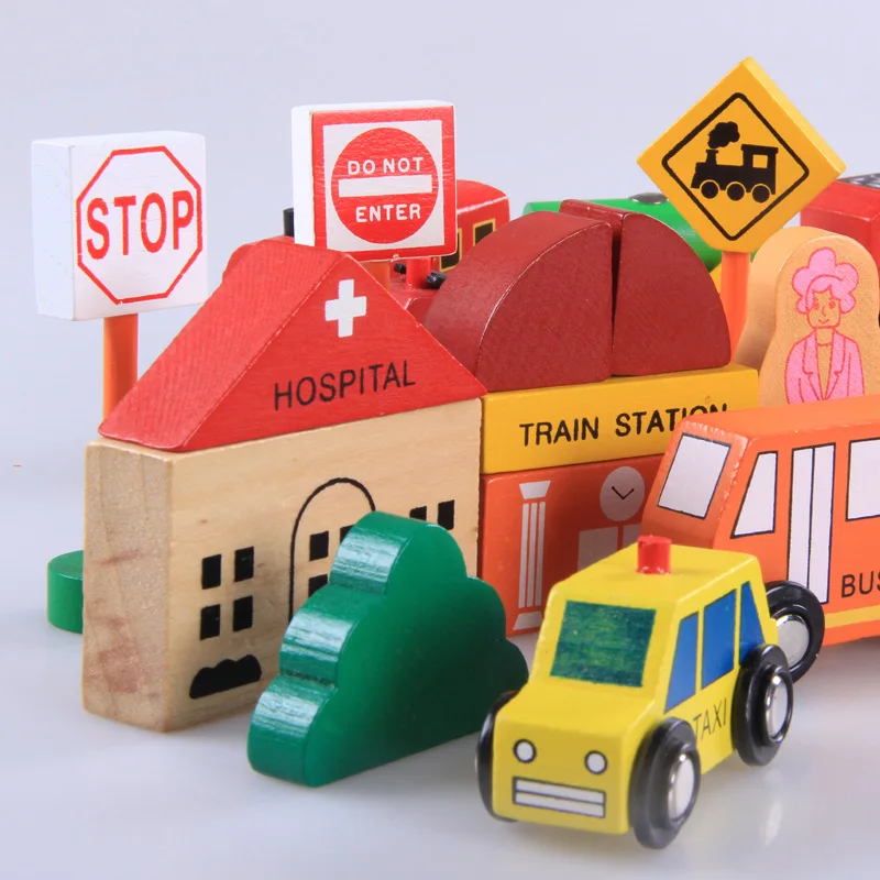 

32PCS City Traffic Building Blocks Children Wooden Toys Magnetic Connection Train Models Wood Stacking Blocks Baby Learning Game