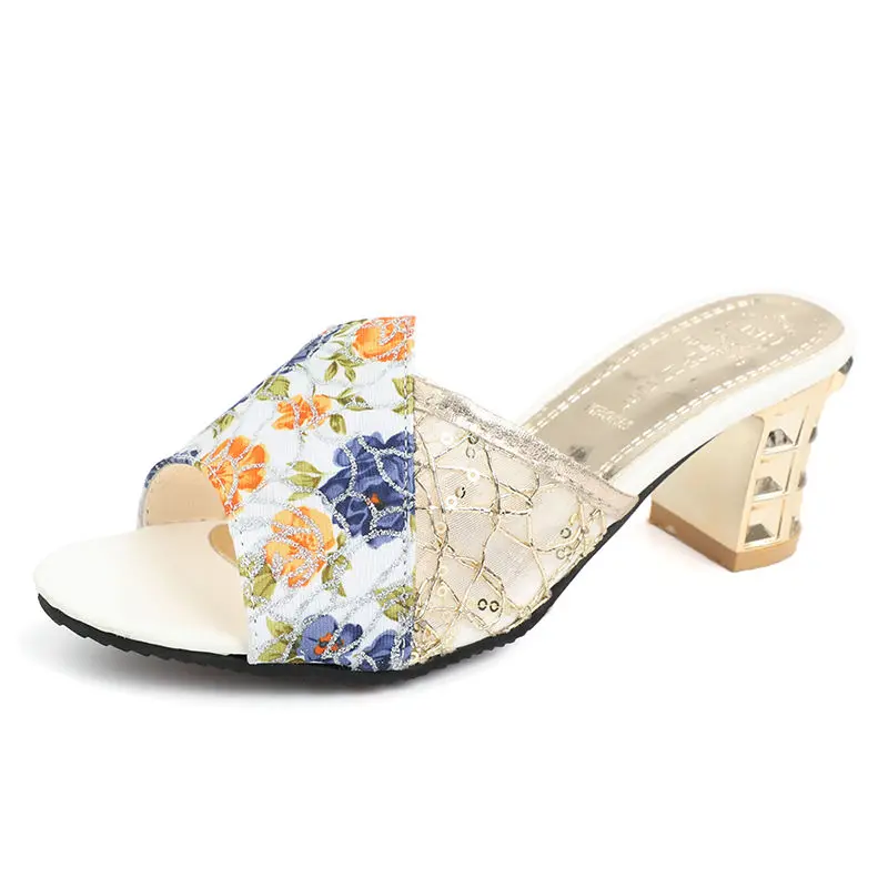 New Women Block Heels Peep Toe Slippers Floral Mules Talons Feminino Ladies Mesh Backless Chaussure Half Slide Shoes Size 35