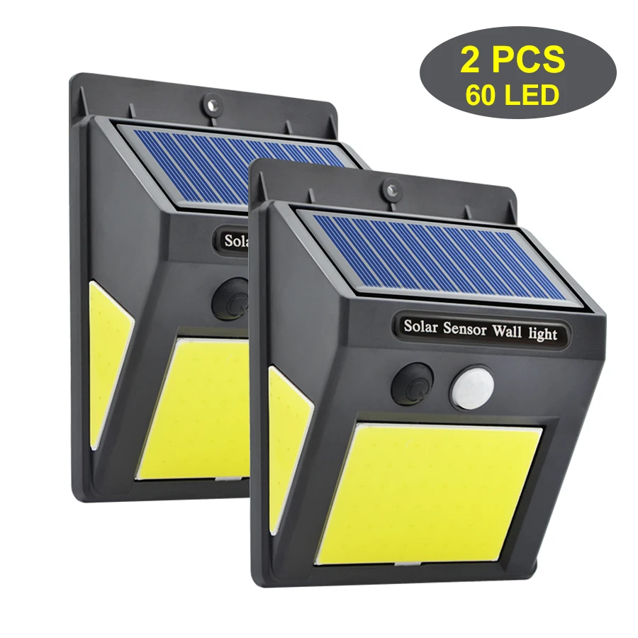 2pcs 60 LED Lamps 48/60 COB светодиодный светильник на солнечной батарее 3 режима движения PIR сенсор настенный светильник IP65 Водонепроницаемый Широкий угол открытый сад уличный светильник безопасности - Испускаемый цвет: 2pcs 60 LED Lamps
