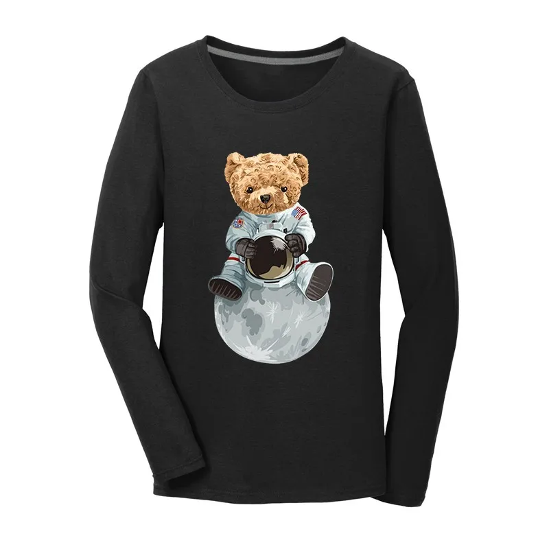

100% Cotton Bear Pullover On The Moon Printed Long-sleeved Hoodie Women Pure Cotton Casual Super Dalian Hoodie Ladies Sweater