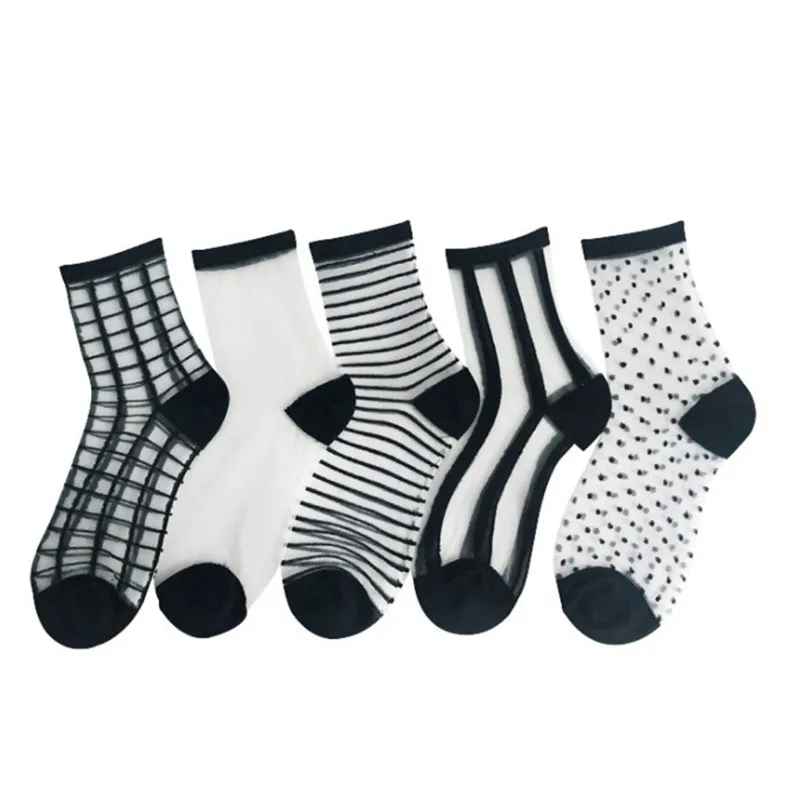 Хипстер Харадзюку короткие женские носки с прозрачными полосками черные белые