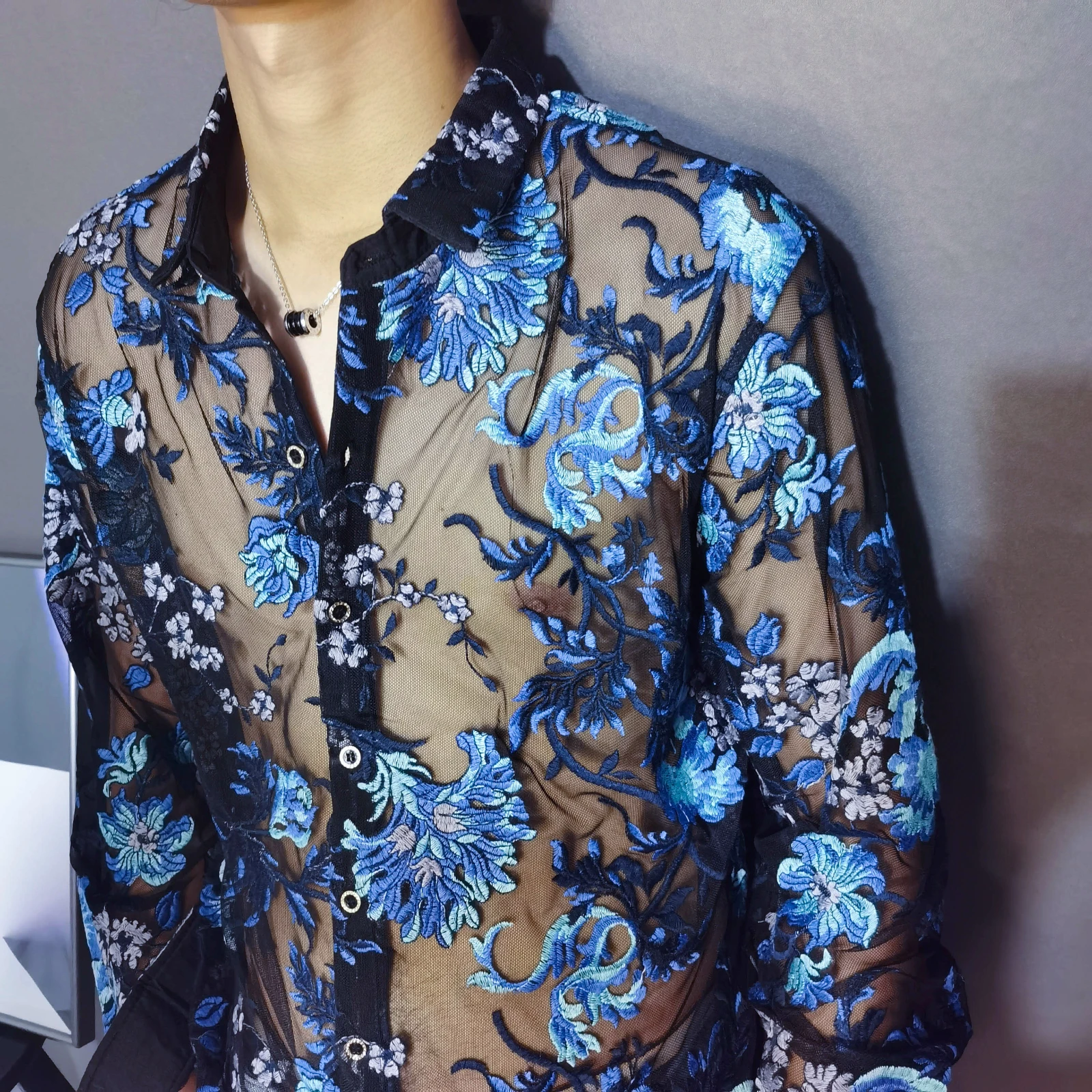 Мужская прозрачная сетчатая рубашка Chemise Homme роскошная Прозрачная Клубная с